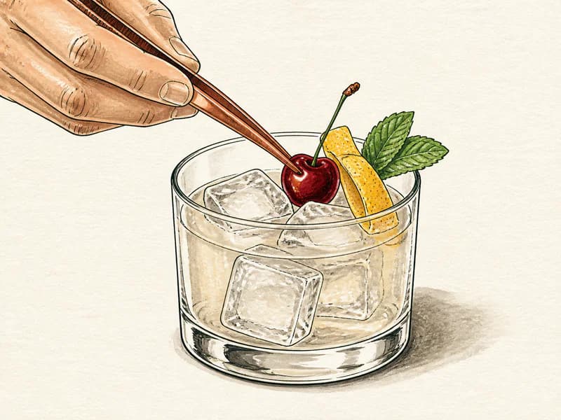Instructional sketch: Finish the orange drink in the rocks glass with cubed ice with Cherry.