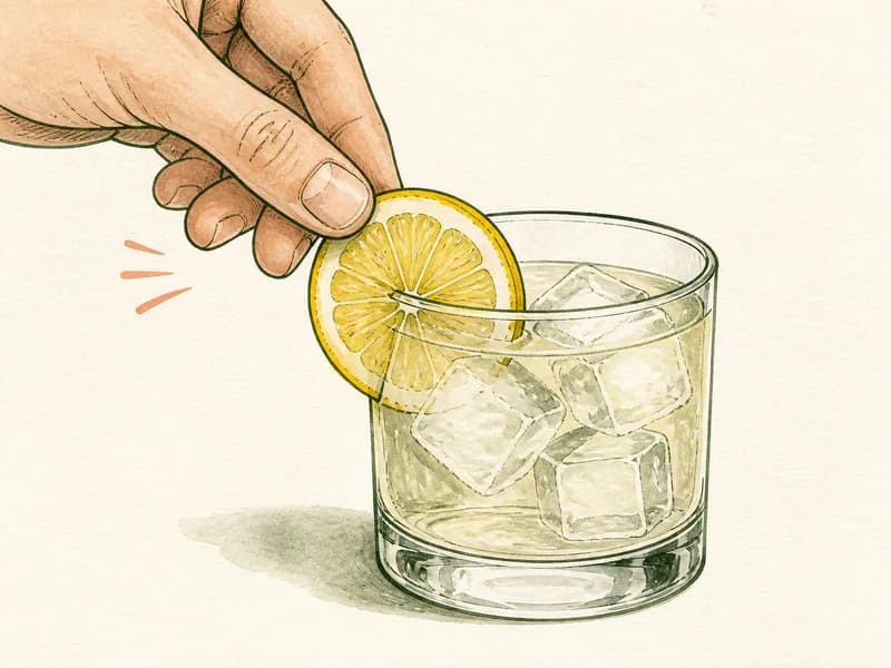 Instructional sketch: Finish the orange drink in the rocks glass with cubed ice with Lemon Slice.