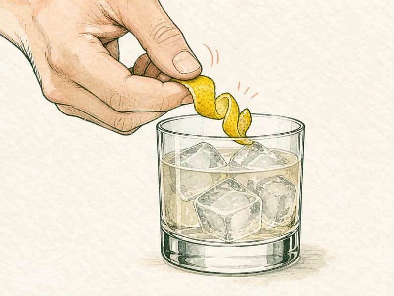 Instructional sketch: Finish the red drink in the rocks glass with cubed ice with Lemon Twist.