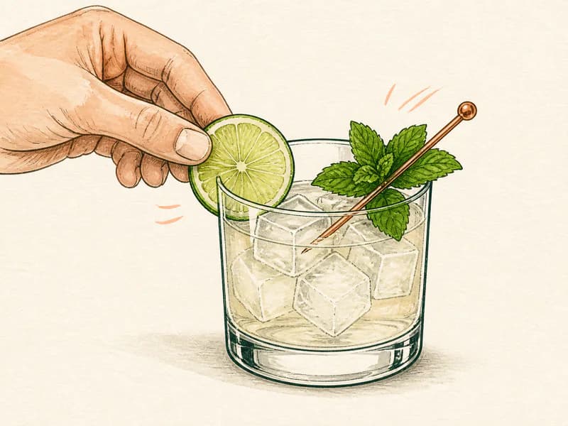 Instructional sketch: Finish the gold drink in the rocks glass with cubed ice with Lime Wheel.