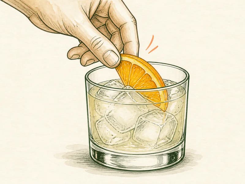 Instructional sketch: Finish the orange drink in the rocks glass with cubed ice with Orange Slice.