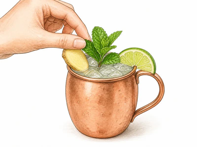 Instructional sketch: Finish the gold drink in the rocks glass with cubed ice with Pineapple Wedge.