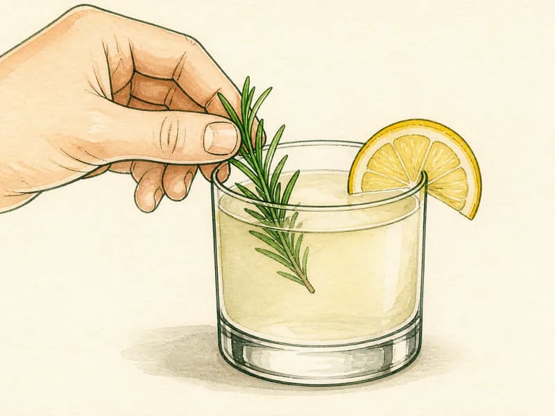 Instructional sketch: Finish the clear drink in the rocks glass without serving ice with Lemon Slice.