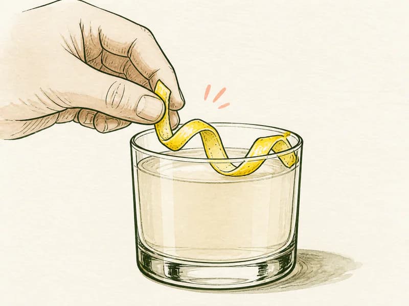 Instructional sketch: Finish the orange drink in the rocks glass without serving ice with Lemon Twist.