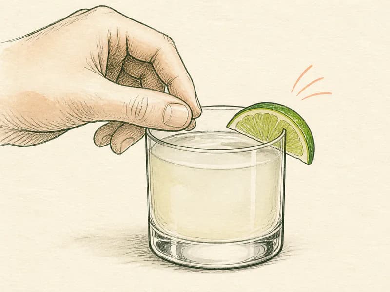 Instructional sketch: Finish the orange drink in the rocks glass without serving ice with Lime Wedge.