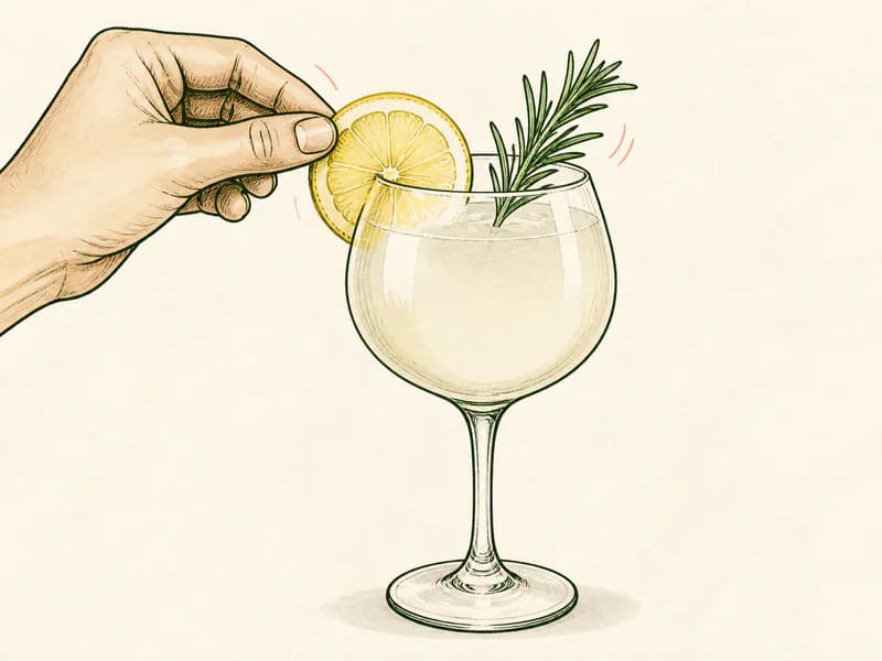 Instructional sketch: Finish the orange drink in the large wine glass without serving ice with Lemon Slice.