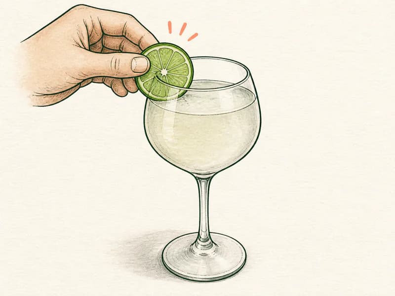 Instructional sketch: Finish the gold drink in the large wine glass without serving ice with Lime Wheel.