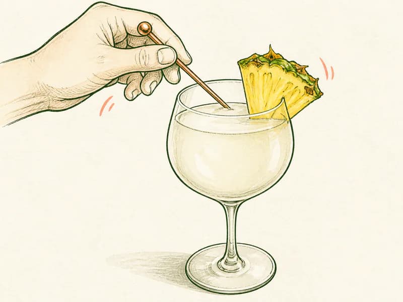 Instructional sketch: Finish the gold drink in the large wine glass without serving ice with Pineapple Wedge.