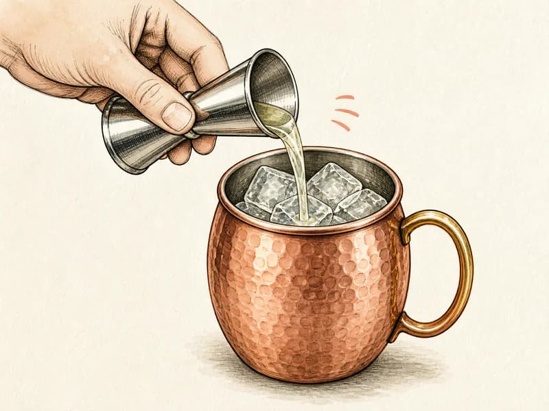 Instructional sketch: Measure and pour spirit vodka into the copper mug with cubed ice.