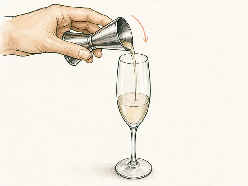 Instructional sketch: Measure and pour liqueur orange into the champagne flute without serving ice.