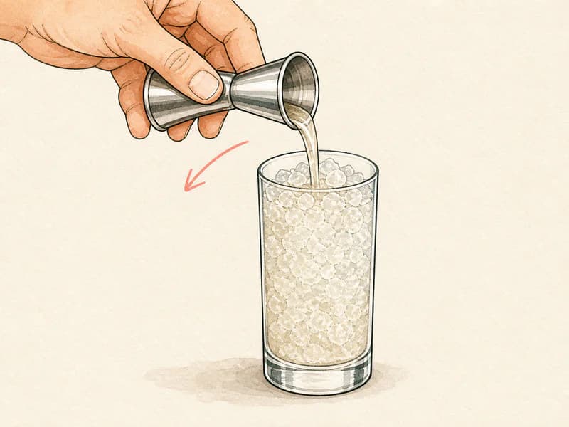 Instructional sketch: Measure and pour spirit vodka into the highball glass with crushed ice.