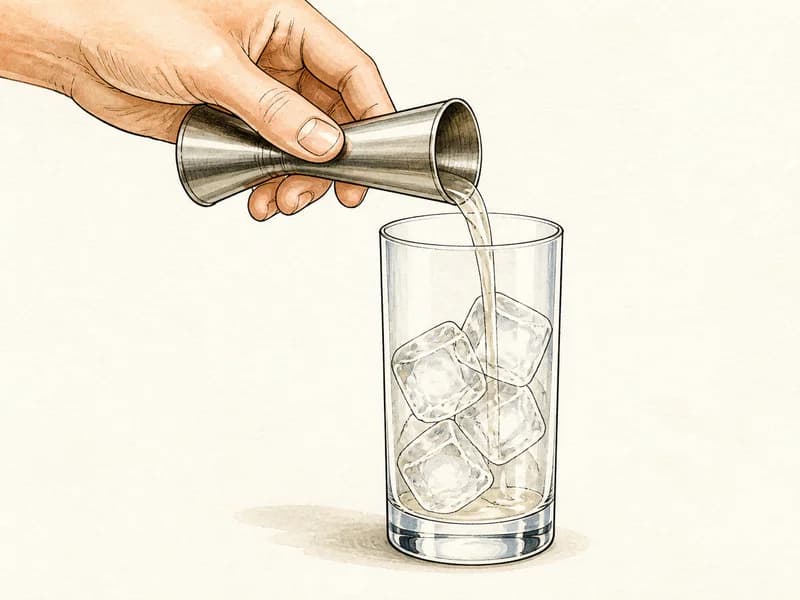 Instructional sketch: Measure and pour juice orange into the highball glass with cubed ice.