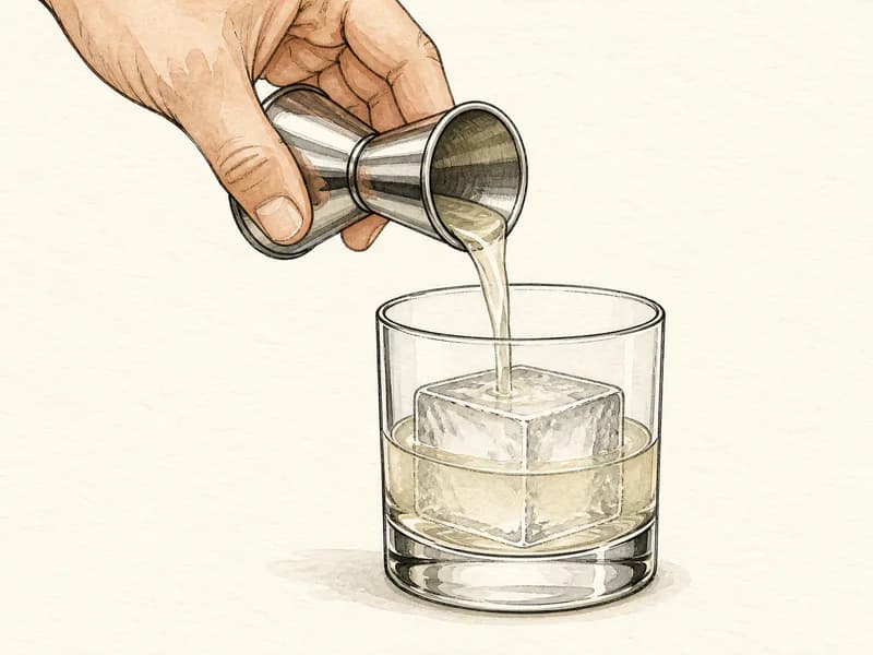 Instructional sketch: Measure and pour spirit whiskey into the rocks glass with one large ice block.