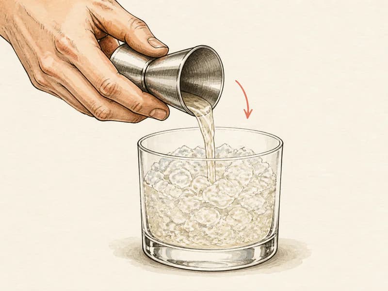 Instructional sketch: Measure and pour spirit gin into the rocks glass with crushed ice.