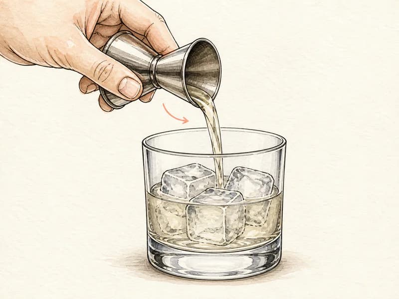 Instructional sketch: Measure and pour spirit whiskey into the rocks glass with cubed ice.