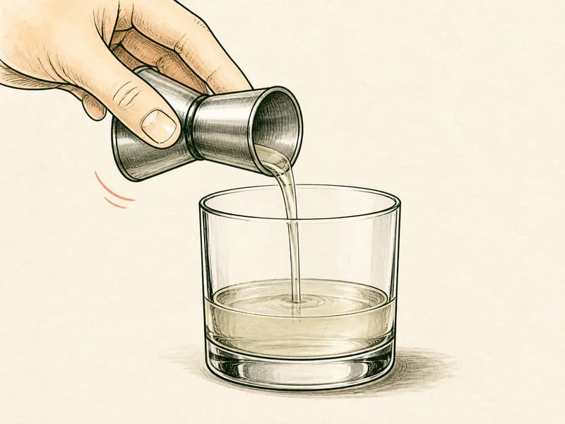 Instructional sketch: Measure and pour liqueur herbal into the rocks glass without serving ice.