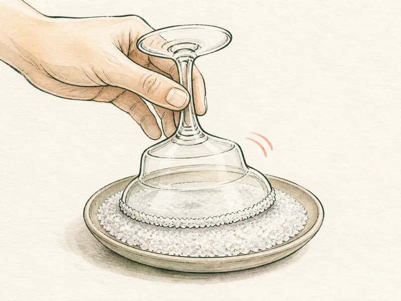 Instructional sketch: Roll the rim of the empty margarita glass through salt.