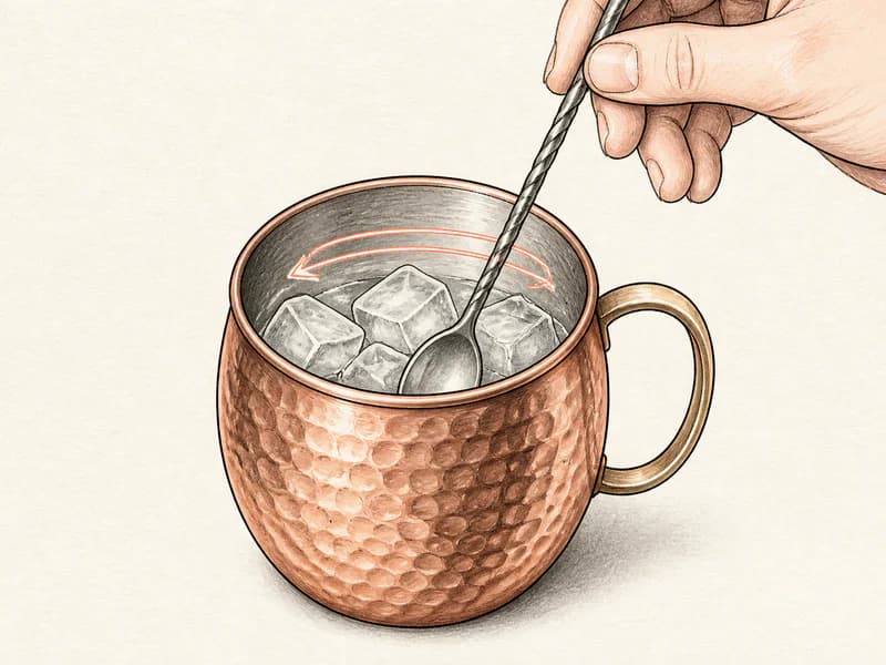 Instructional sketch: Stir the gold drink around the ice in the copper mug.