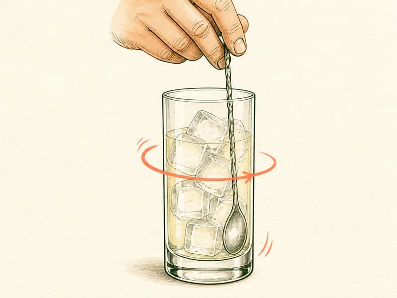 Instructional sketch: Stir the orange drink around the ice in the highball glass.