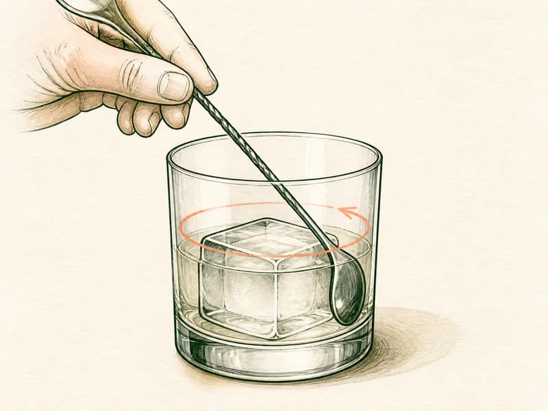 Instructional sketch: Stir the orange drink around the ice in the rocks glass.