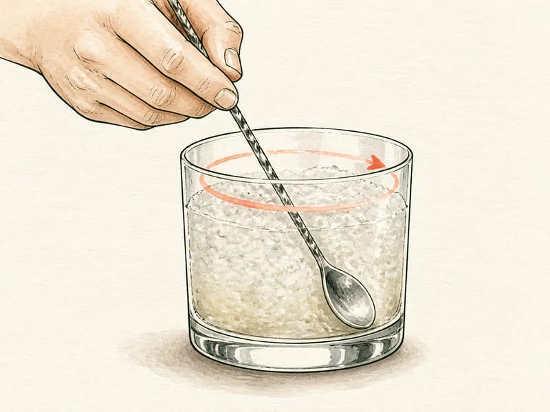 Instructional sketch: Stir the gold drink around the ice in the rocks glass.
