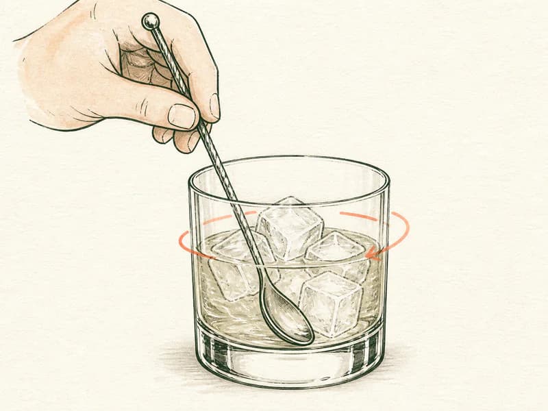 Instructional sketch: Stir the orange drink around the ice in the rocks glass.
