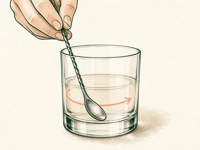 Instructional sketch: Stir the orange drink around the ice in the rocks glass.