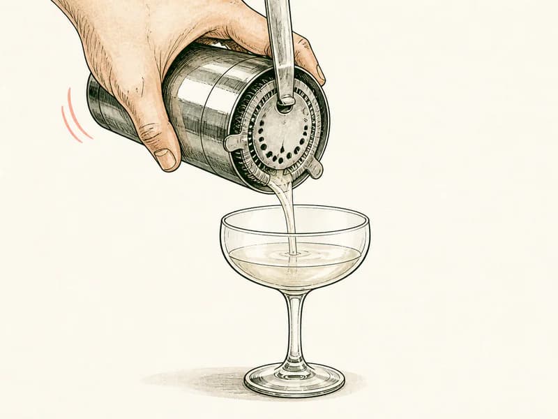 Instructional sketch: Strain the orange cocktail from the shaker into the coupe glass without serving ice.