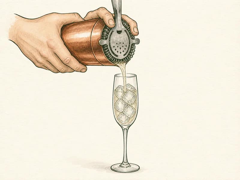 Instructional sketch: Strain the gold cocktail from the shaker into the champagne flute with cubed ice.