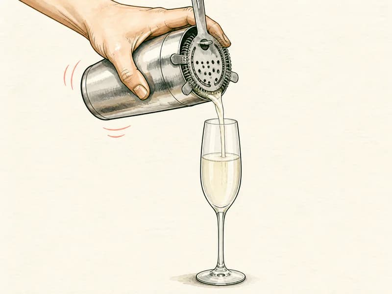 Instructional sketch: Strain the gold cocktail from the shaker into the champagne flute without serving ice.