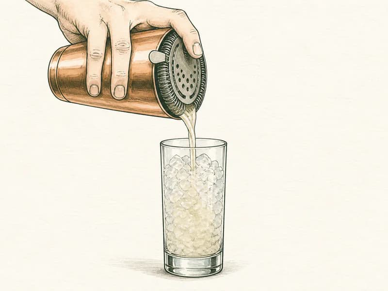 Instructional sketch: Strain the orange cocktail from the shaker into the highball glass with crushed ice.