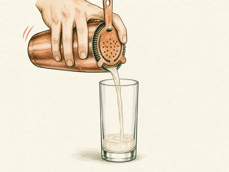 Instructional sketch: Strain the gold cocktail from the shaker into the highball glass without serving ice.