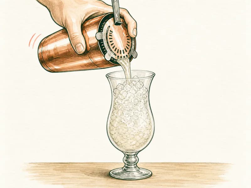 Instructional sketch: Strain the gold cocktail from the shaker into the hurricane glass with crushed ice.