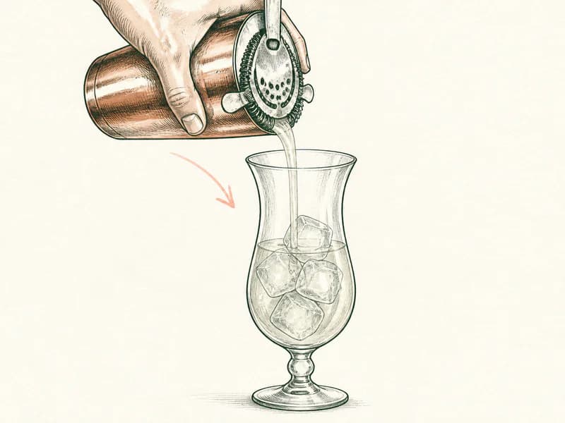 Instructional sketch: Strain the orange cocktail from the shaker into the hurricane glass with cubed ice.