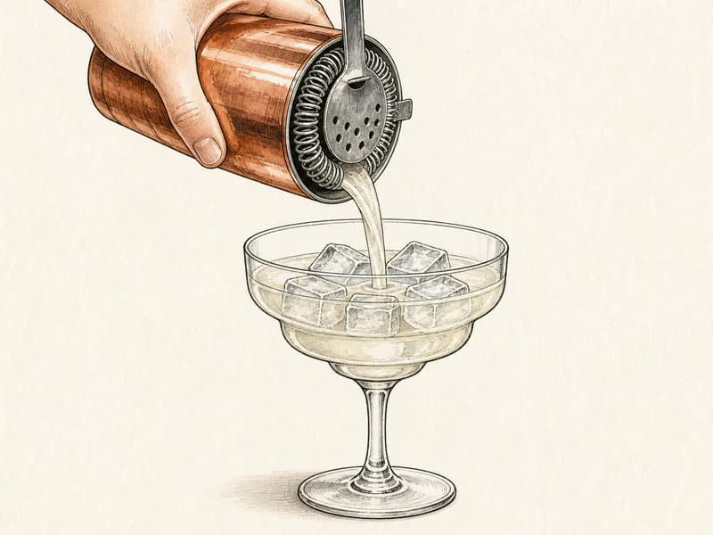 Instructional sketch: Strain the green cocktail from the shaker into the margarita glass with cubed ice.