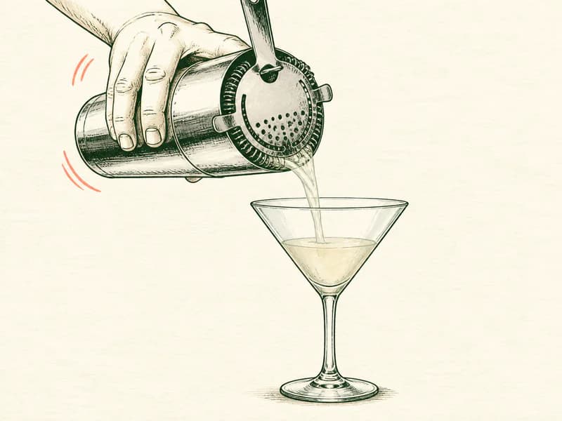 Instructional sketch: Strain the orange cocktail from the shaker into the martini glass without serving ice.