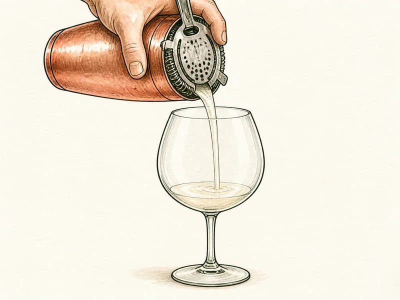 Instructional sketch: Strain the orange cocktail from the shaker into the large wine glass without serving ice.
