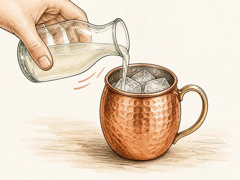 Instructional sketch: Top the gold drink gently with mixer carbonated in the copper mug with cubed ice.