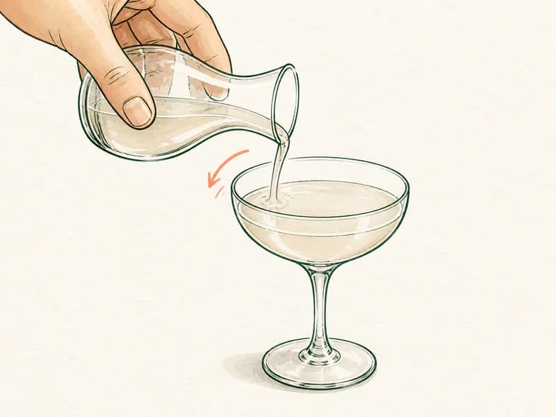 Instructional sketch: Top the orange drink gently with wine sparkling in the coupe glass without serving ice.