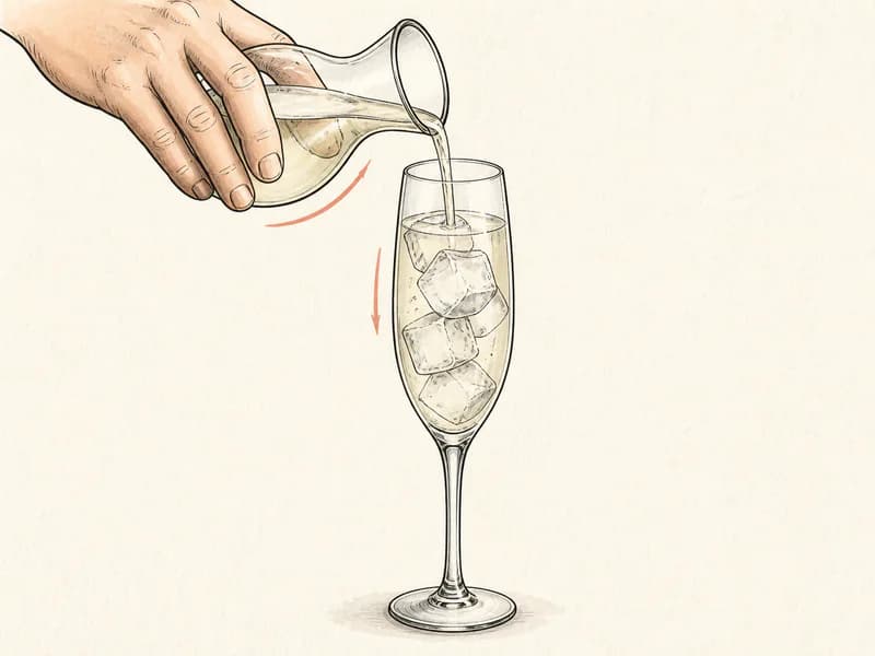 Instructional sketch: Top the gold drink gently with wine sparkling in the champagne flute with cubed ice.