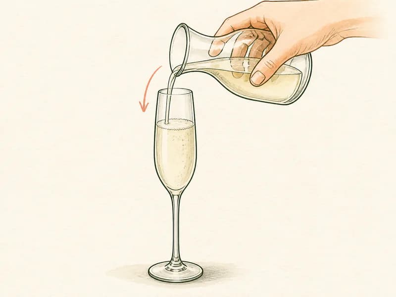 Instructional sketch: Top the orange drink gently with wine sparkling in the champagne flute without serving ice.