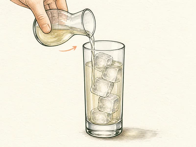Instructional sketch: Top the orange drink gently with mixer carbonated in the highball glass with cubed ice.