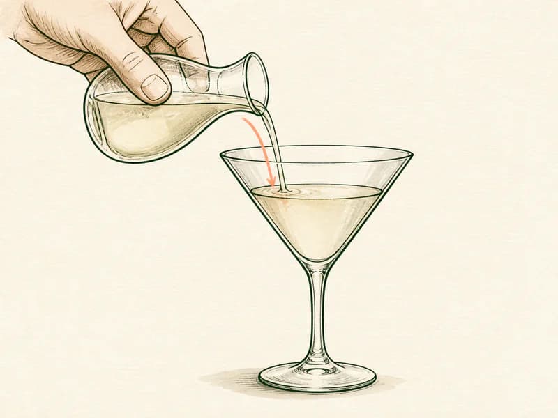Instructional sketch: Top the gold drink gently with wine sparkling in the martini glass without serving ice.