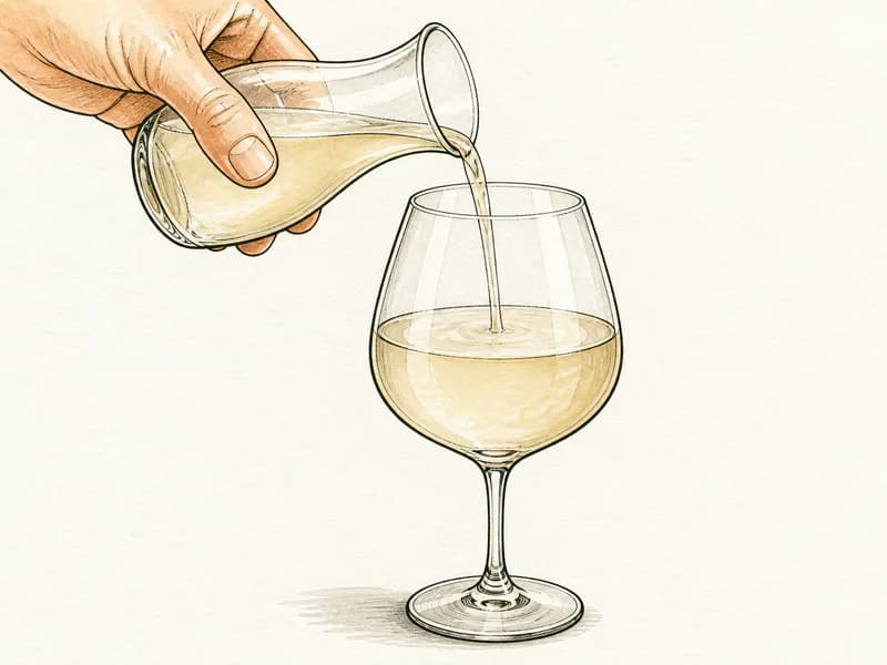 Instructional sketch: Top the orange drink gently with wine sparkling in the large wine glass without serving ice.