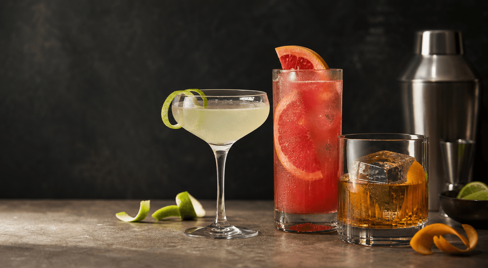 A coupe, grapefruit highball and amber rocks cocktail on a home bar