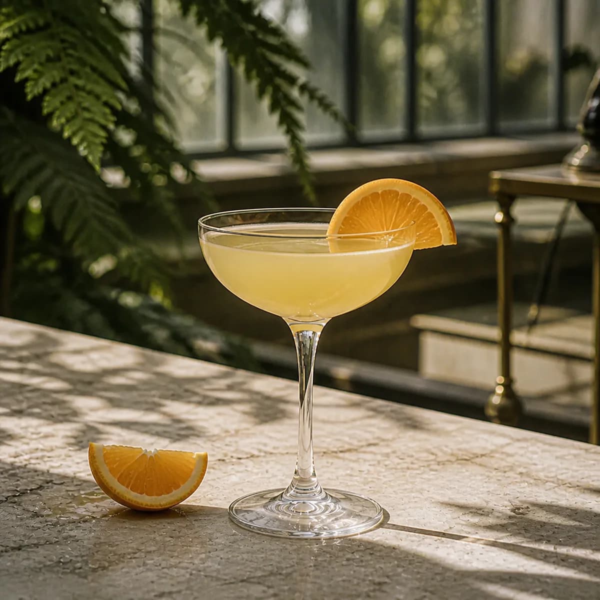 Abbey in a clear shallow coupe styled in a glasshouse café bar with pale stone, fern shadows and lightly weathered brass.