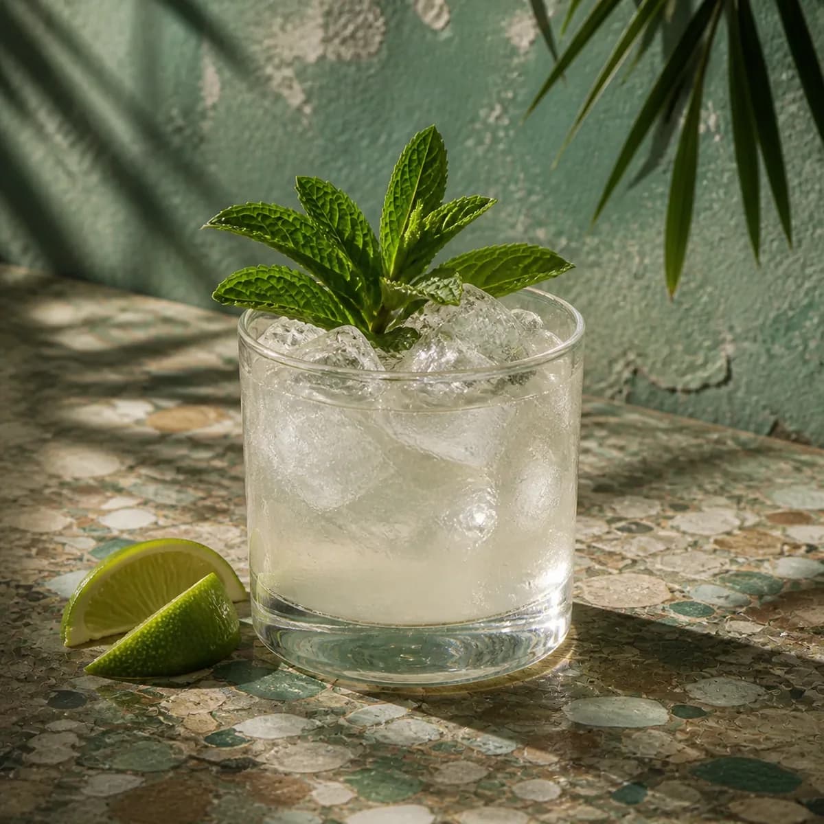 Acapulco in a heavy low rocks glass styled in a shaded island courtyard bar with faded sea-green render, old terrazzo and a single palm shadow.