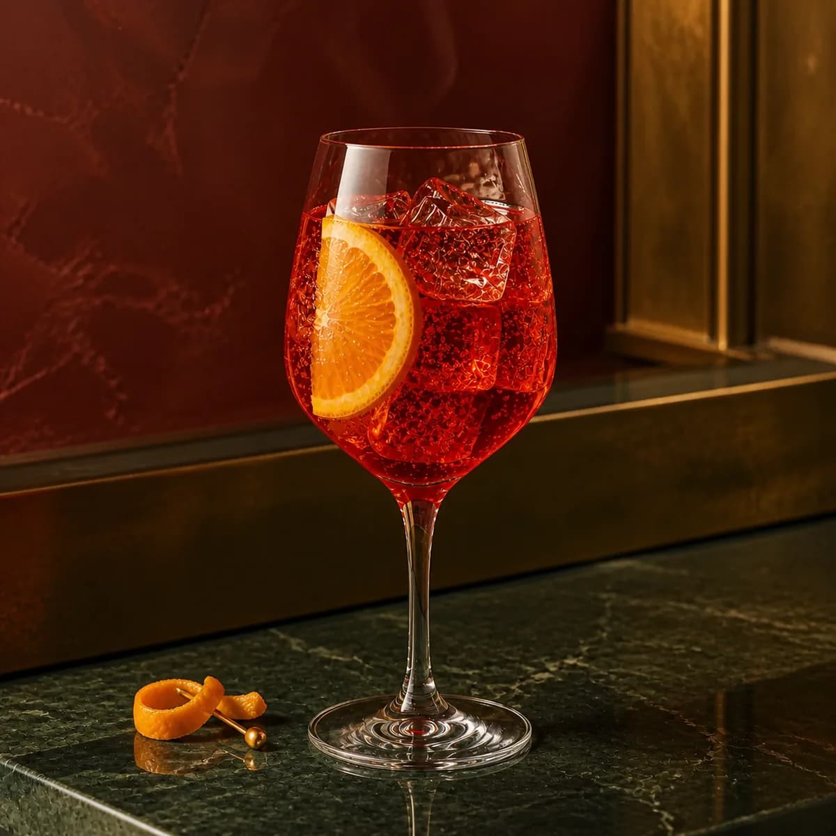 Addington in a large stemmed balloon wine glass styled in a Milan aperitivo bar with oxblood hand-painted plaster, asymmetric aged brass and dark green marble.