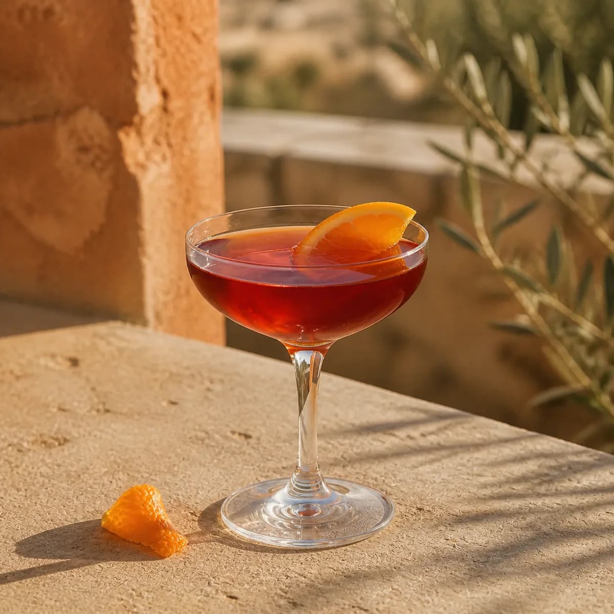 Adonis in a clear shallow coupe styled in an Italian terrace with faded apricot stucco, pale limestone and blurred olive leaves.