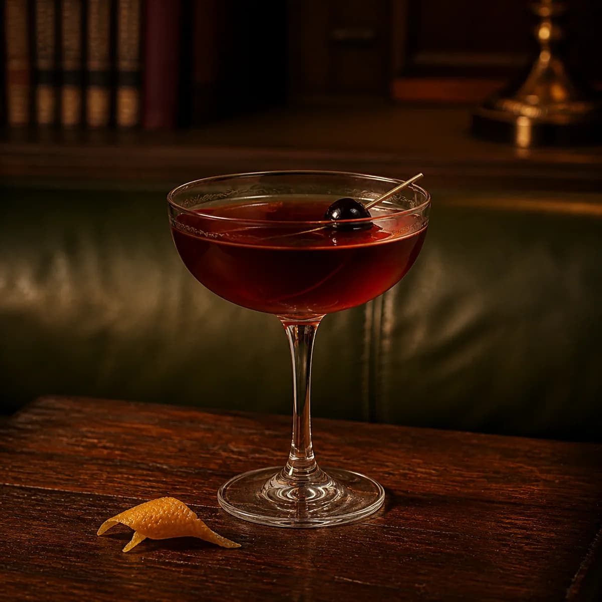 Affinity in a clear shallow coupe styled in a private library bar with deep olive leather, natural creases, off-centre seams and aged walnut.
